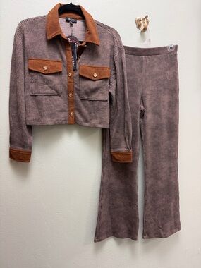 Rafaella Brown Ribbed Knit Flare Pants & Jacket Set - Brown with Rust Trim